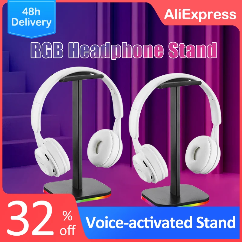 

RGB Headphone Stand Voice-activated Computer Over Ear Headset Desk Display Holder Support Hanger LED Base/USB Pickup Light