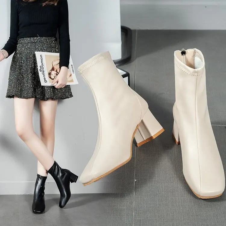 

Boots Children 2022 Autumn and Winter New Thick Heel Square Head Plush Korean Fashion High Heel Women's Boots Middle Tube