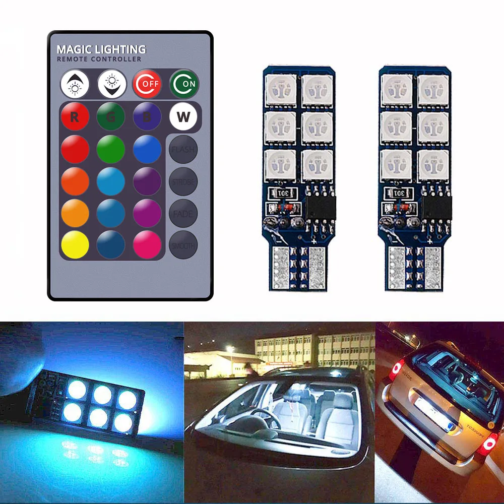 

2PCS Auto Interior Decoration Lamp T10 W5W 5050 Atmosphere Car Light RGB 12 LED with Remote Controller Colorful Reading Blub 12V