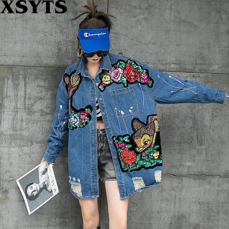

Spring Autumn Heavy Industry Beaded Sequins Ripped Denim Jacket Loose Women Clothing Ladies High Street Coats Blue Jean Jackets