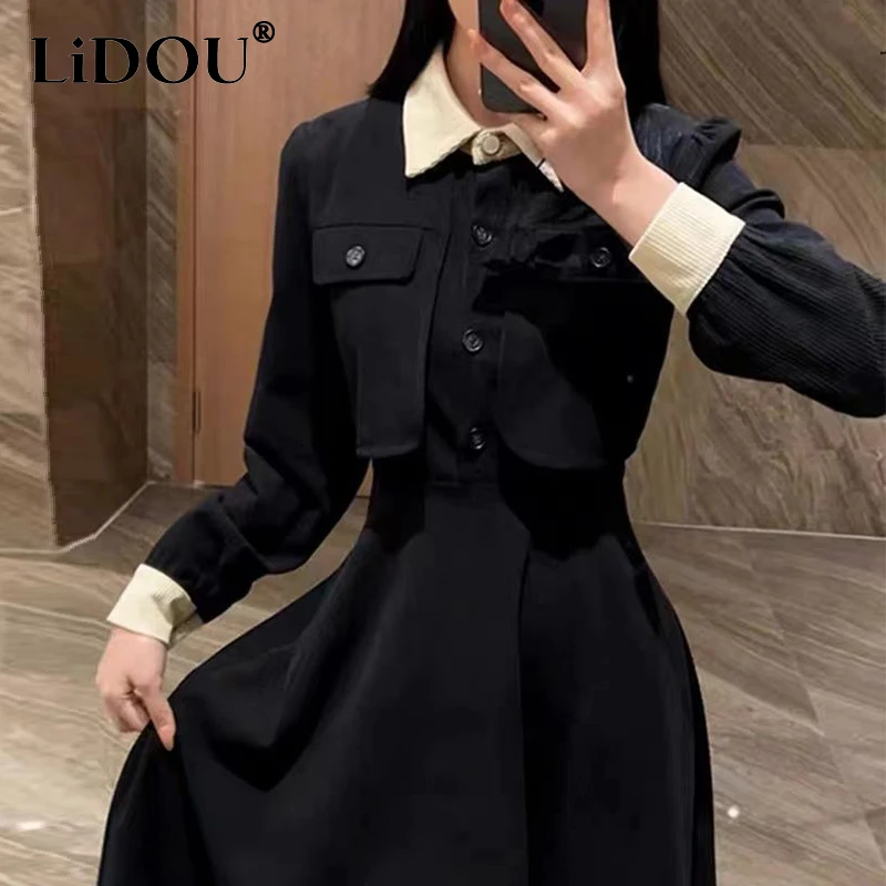 

Женское платье-трапеция с длинным рукавом, элегантное платье из двух частей с имитацией двух предметов, с поясом в стиле пэчворк, весна-осень