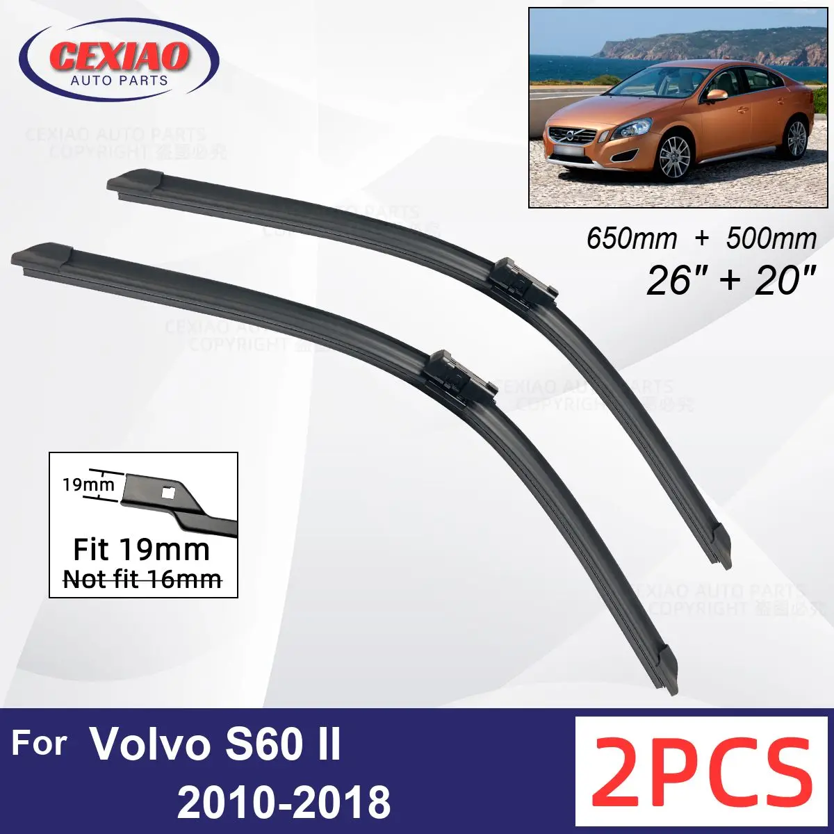 

Car Wiper For Volvo S60 II 2010-2018 Front Wiper Blades Soft Rubber Windscreen Wipers Auto Windshield 26" 20" 650mm 500mm