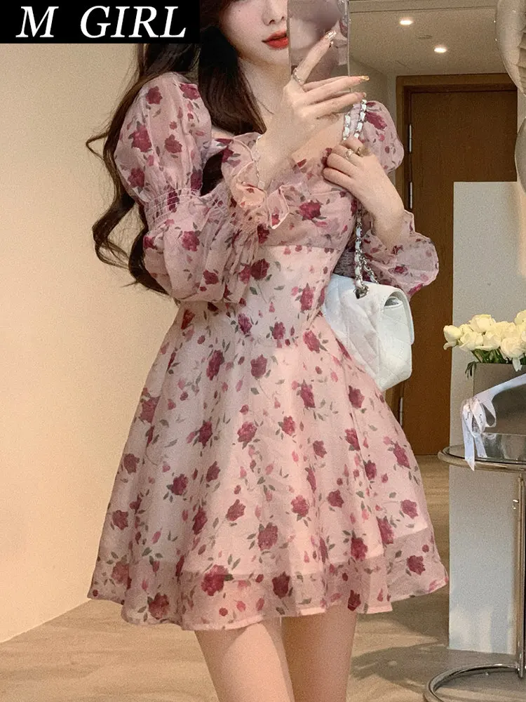 

Женские платья 2023, летнее милое элегантное короткое женское платье, корейское модное цветочное мини-платье, Пляжное Повседневное платье с длинным рукавом Vin