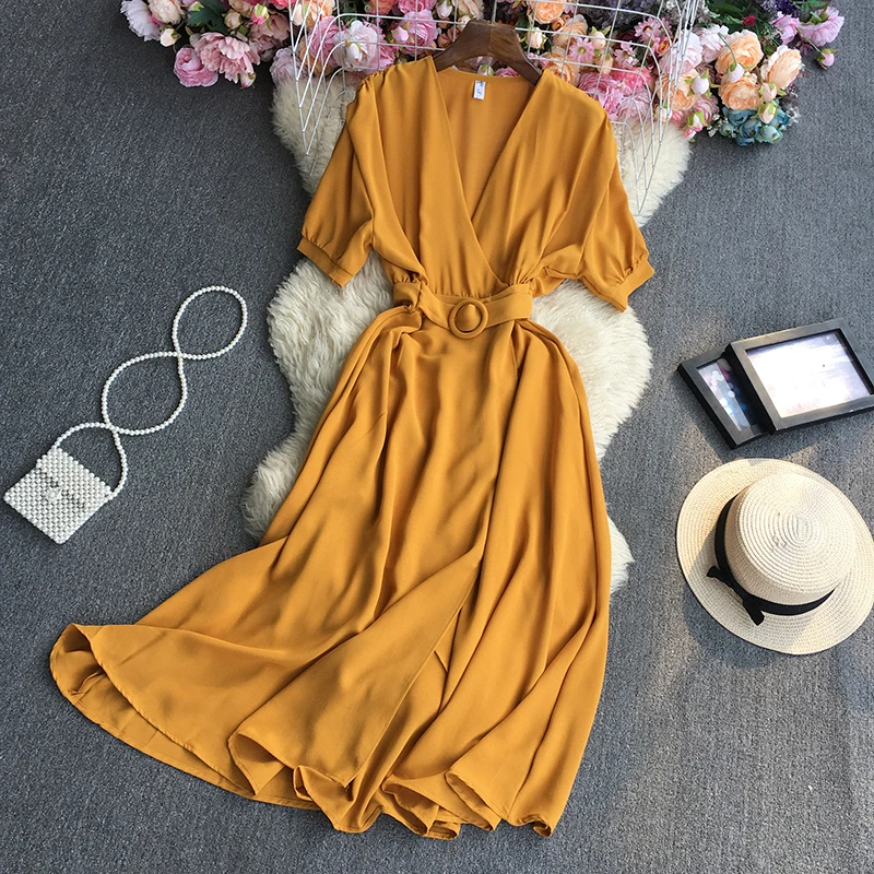 

SuperAen 2022 летние однотонные повседневные женские платья до щиколотки с коротким рукавом и v-образным вырезом