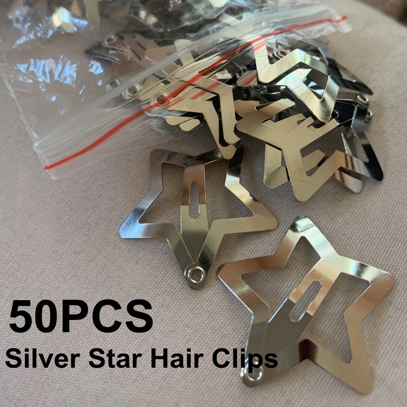 

50PCS Silver Star Hair Clips for Girls Filigree Star Metal Snap Clip Hairpins Barrettes Hair jewelry Nickle Free Lead Free