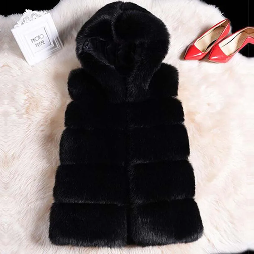 Faux Fur Winter Hooded Vest Women Warm Medium-Long Elegant Solid Color Fur Coat Artificial Fox Fur Oversize Jacket Gray Pink