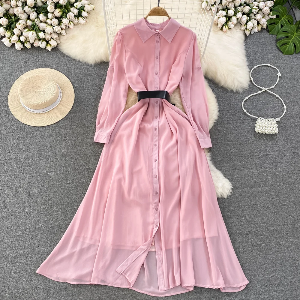 

Foamlina Casual Women Long Sleeve Shirt Dress New Spring Summer Solid Lapel Collar Single Breasted Belted Slim A Line Maxi Dress