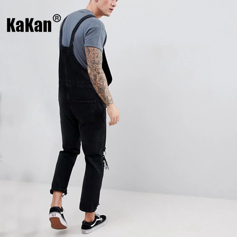 Kakan - European and American New Strap Tears Jeans for Men, Youth Popular Black Super Perforated Long Jumpsuit K34-710