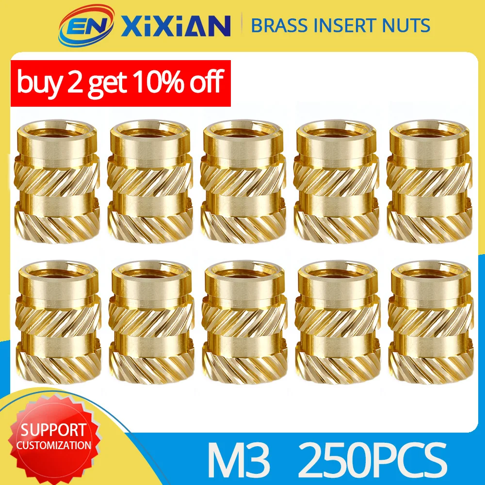 250pcs M3 Brass Insert Nut Hot Melt Knurled Thread Heat Embedment Copper Nuts Embed Parts Pressed Fit into Holes for Plastic