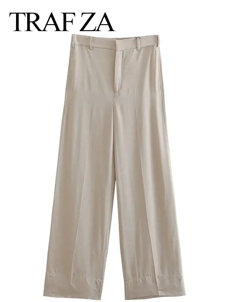 

TRAF ZA New Fashion Solid Light Brown Women's Trousers Premium Zipper Comfortable Commuter Daily Ladies Wide Leg Suit Pants