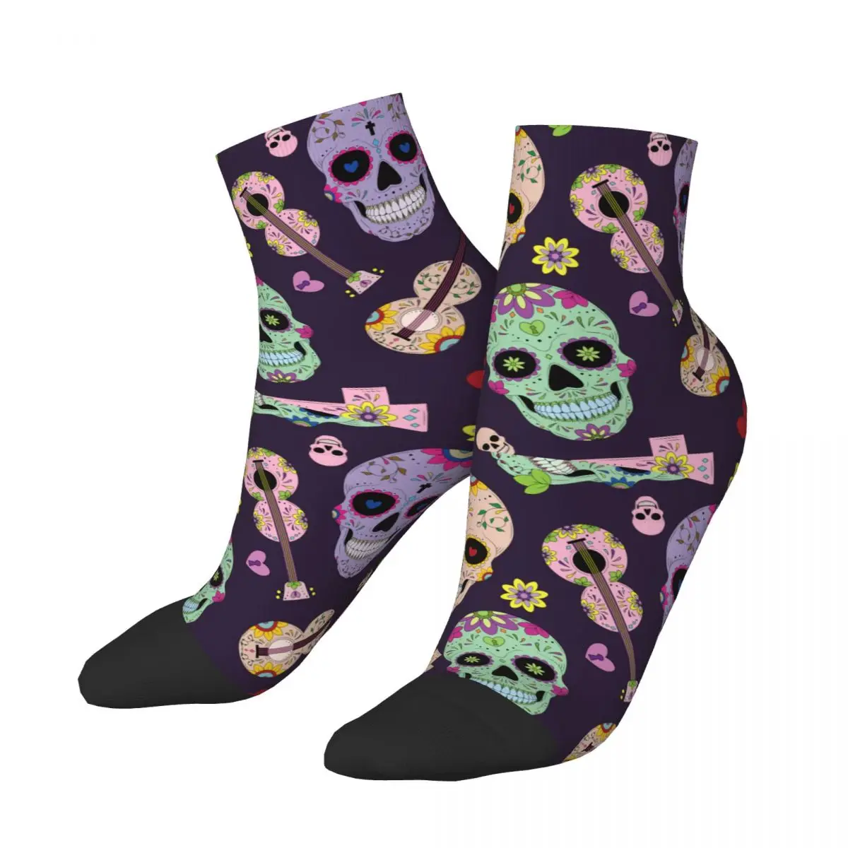 

Retro Sugar Skull Basketball Short Socks Day of the Dead Halloween Polyester Crew Socks for Women Men Sweat Absorbing