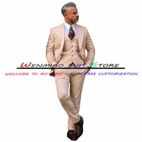 khaki suit men wedding groom tuxedo formal business 3 piece jacket male blazer pants vest tip lapel full outfit