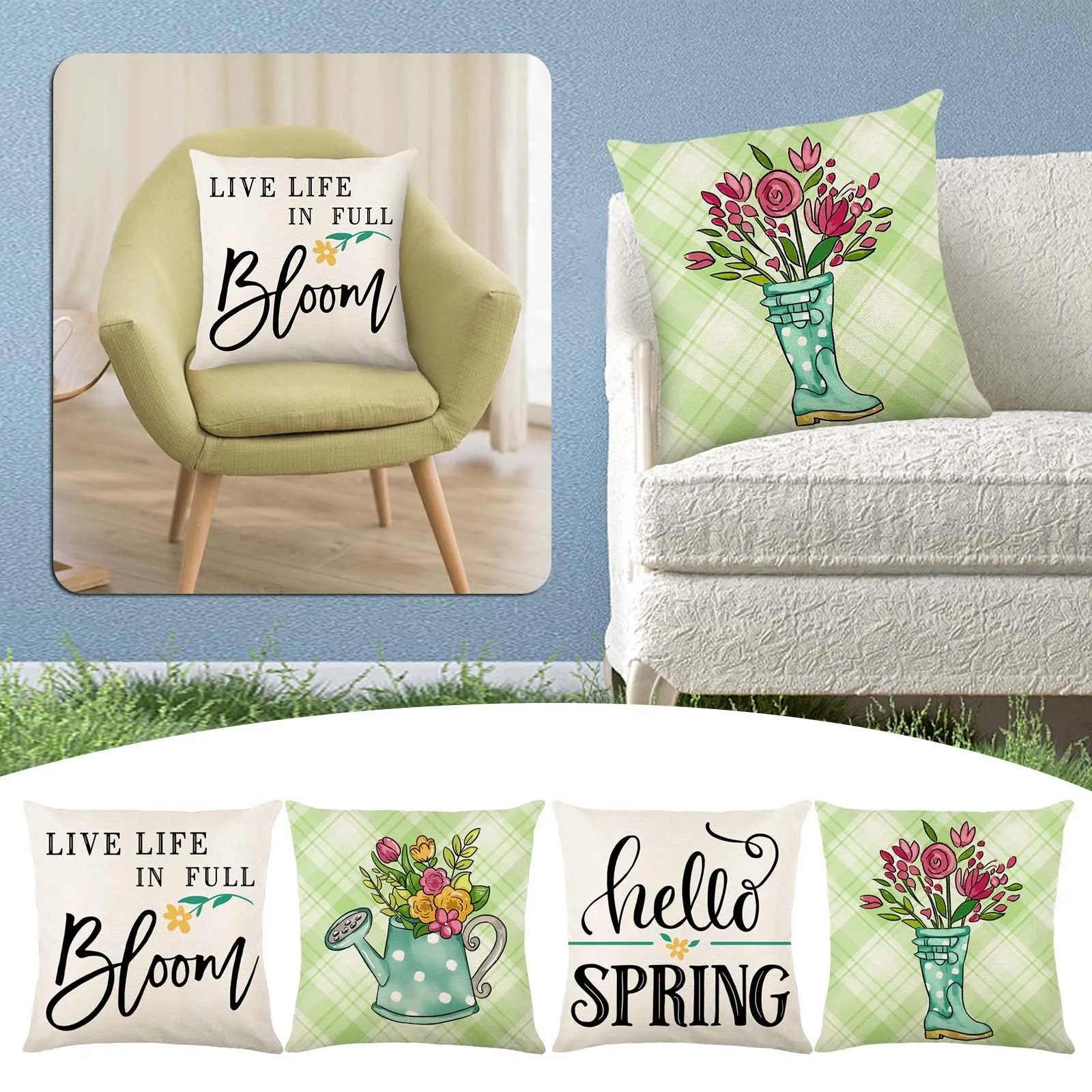 

Farmhouse Pillow Covers 18x18 Hello Spring Flower Grey And White Cushion Case Spring Decorations For Sofa Couch 4PC