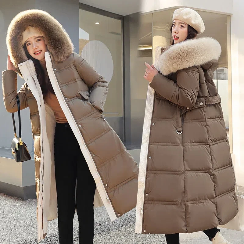 

Womens Winter Hooded Faux Fur Collar Big Pocket X-Long Belted Coat Mom's Puffer Jacket Cotton Padded Parkas Outwear Overcoat