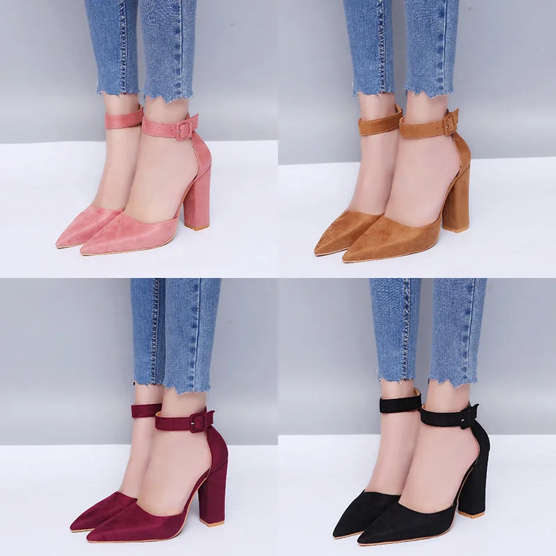 

Fashion Plus Size Thick Heel Pointed Toe Buckle Strap Woman Pumps Cute Ankle Strap High Heels Shoes Summer Party Office Footwear