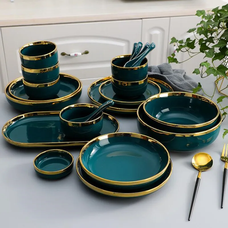

Prato de cerâmica verde dourado, porta-comida, prato, tigela, jantar, alta qualidade, conjunto de louça para família, hotel