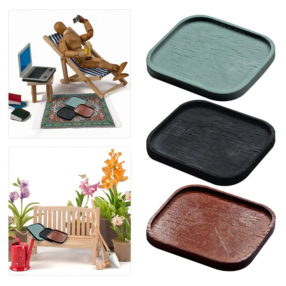 

3pcs Mini Wood Tray Model Wooden Miniature Teaboard Mini House Tableware