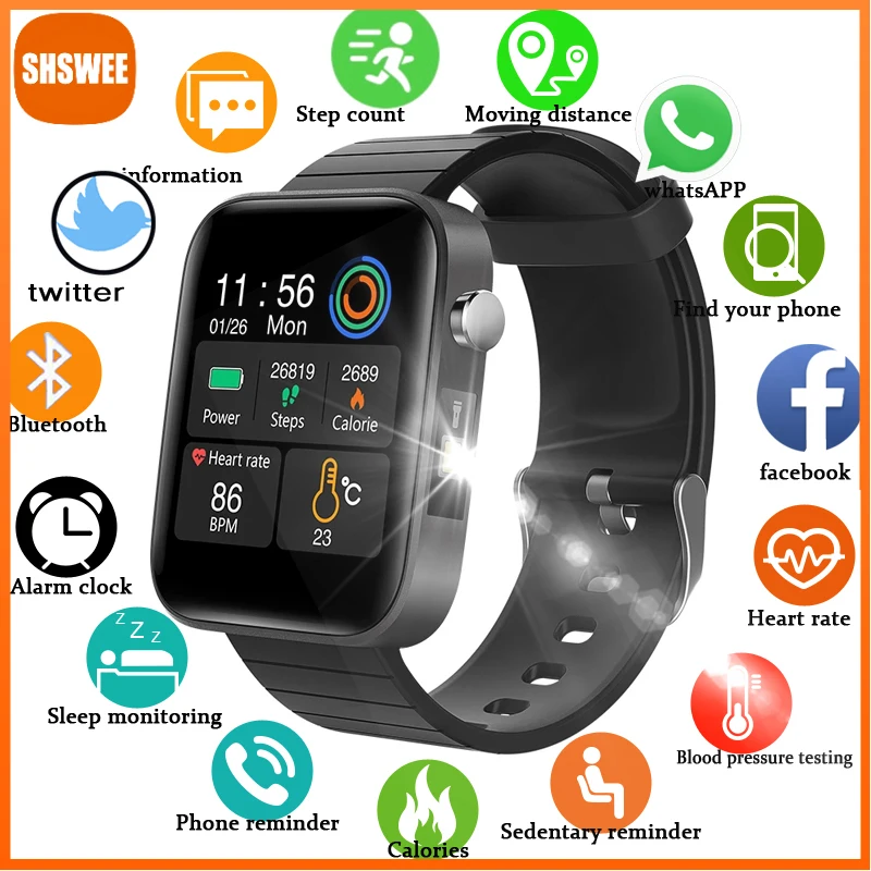 

For Huawei Xiaomi Smart Watch Men Body Temperature Measure Heart Rate Blood Pressure Bracelet Call Reminder Smart Watch Black