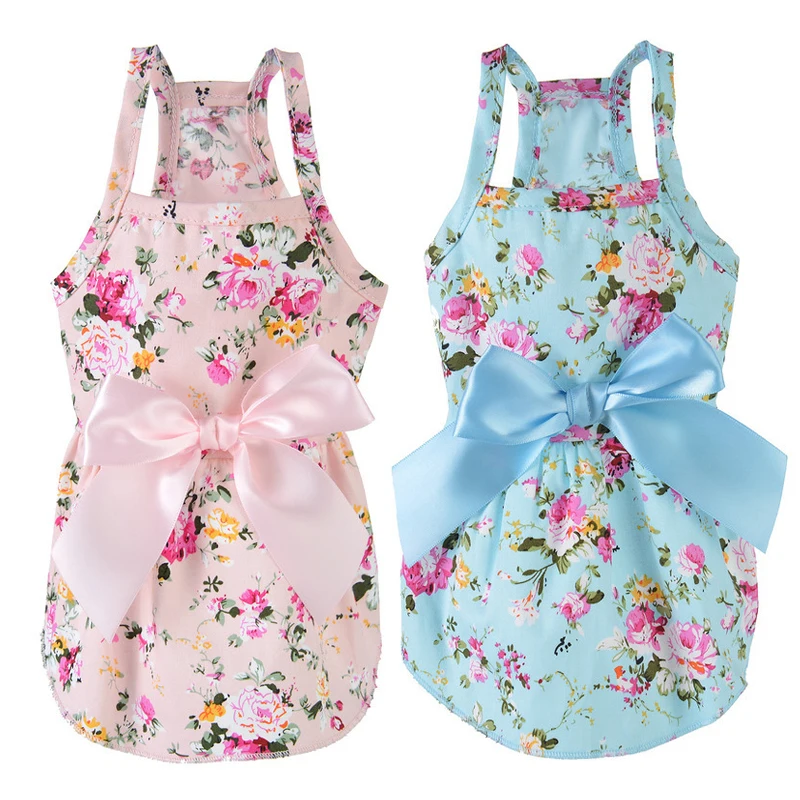 

Floral Printed Girl Dog Princess Dress with Bowknot for Small Medium Dogs Pet Shirt Dress Soft Cotton Summer Puppy Sundress