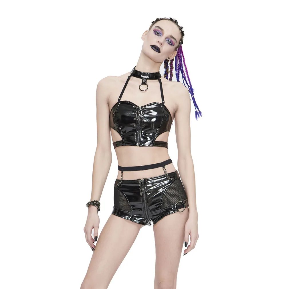 Devil Fashion Ladies Party Rock Lingerie Nightclub Accessories Stitching Zip Top Vest Black Punk Vest Tops
