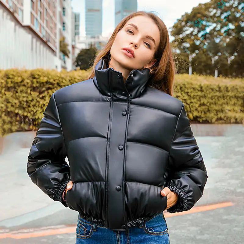 

Thickened Warm Short Parka Women's Fashion Black PU Leather Coat Women's Elegant Zipper Cotton Jacket Women's Winter
