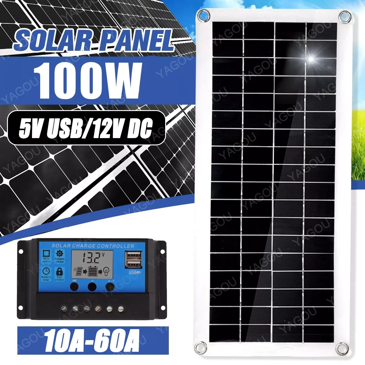 

100W Solar Panel 12V Solar Cell 10A-60A Controller Solar Plate Kit for Phone RV Car MP3 PAD Charger Outdoor Battery Supply