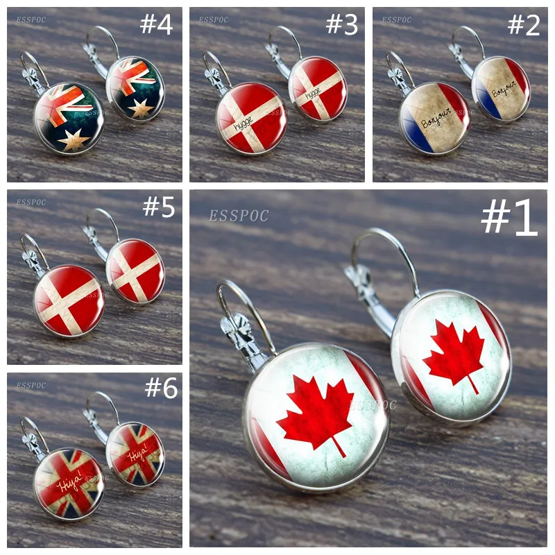 

American Flag Earring Glass Cabochon Danish Canada Netherlands French British Hook Earring Flag Jewelry Earring 2pcs/set