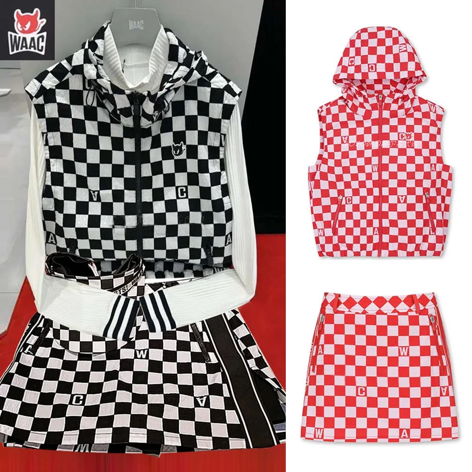 

Korean WAAC Golf Women's Hooded Plaid Color Versatile Zippered Vest A-shaped Skirt Short Skirt