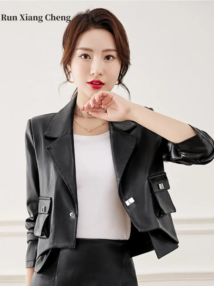 2023 Autumn Short Faux Leather Jacket Women's High-end Korean Slim-fit Overcoat Tailored Collar Elegant Comfy Commuter Style Top