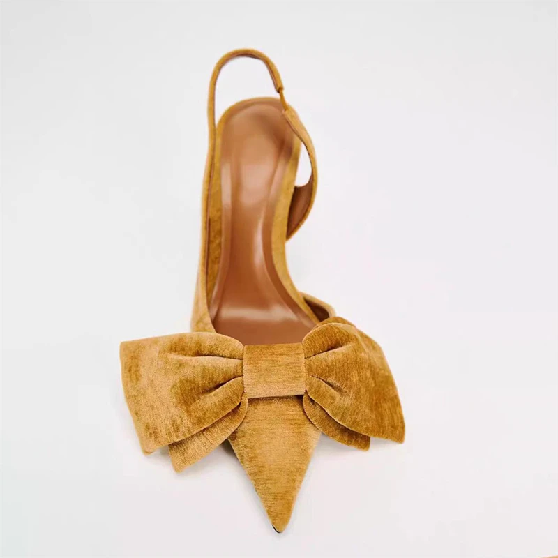 Женские бархатные туфли-лодочки на шпильке с бантом тонком высоком каблуке