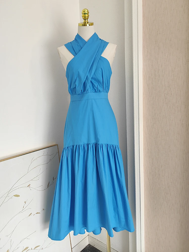 

2023 Summer New Thailand Fashion Simple Understanding Goddess Cross Collar Pure Cotton Waist Wrapped Short Back Long Dress