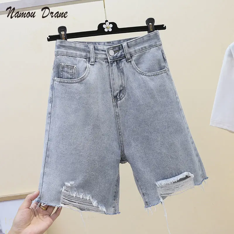

Namou Drane Plus-size Women's Summer 2021 Fat Sister Denim Shorts Ripped, High Waist Slim, Versatile Straight Leg Pants