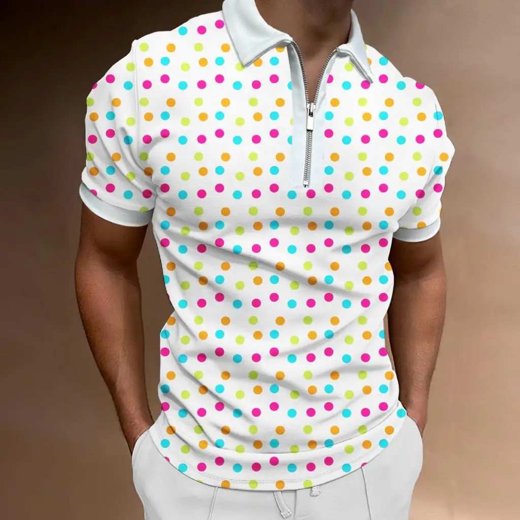 

Свитшот с узором в горошек, мужские рубашки-поло, футболка с коротким рукавом, рубашка-поло на молнии с 3D принтом, Новинка лета 2022, мужская од...