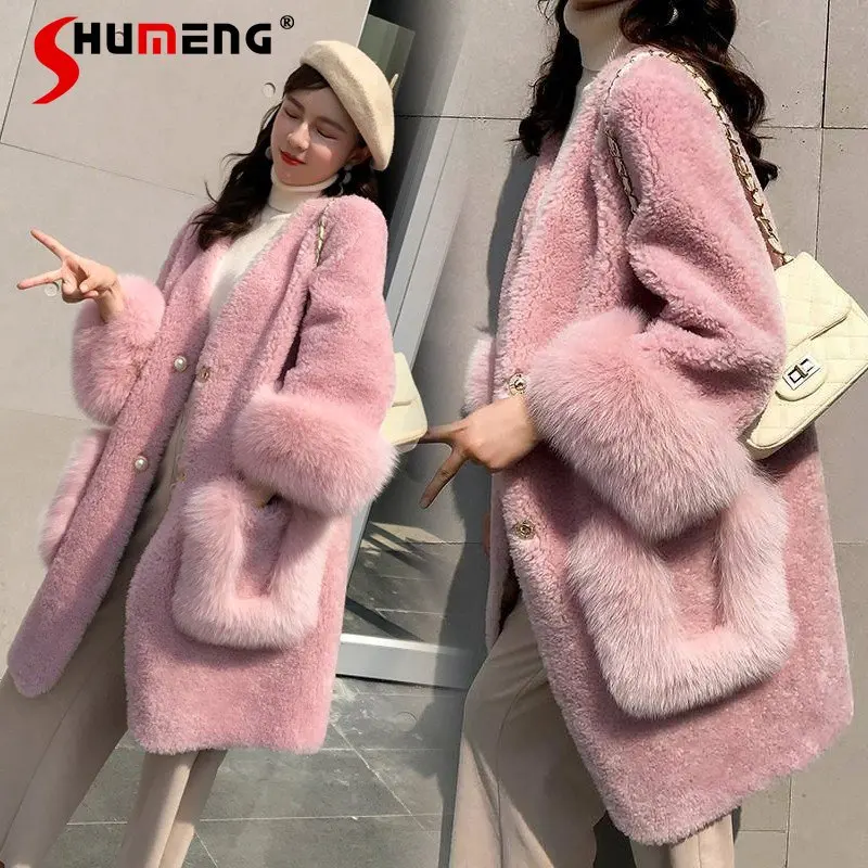 Pink Slimming Mid-Length Imitation Faux Fur Coat for Women 2022 Winter New Young Ladies Long Sleeve Fur Integrated Chenille Coat