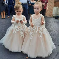 elegant flower girl dresses for wedding puffy long sleeves tulle appliques kids birthday first holy communion gowns with big bow