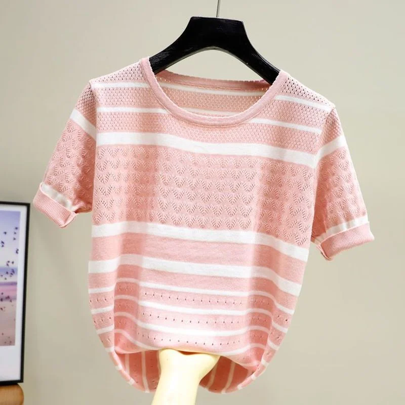 

Женские летние футболки, футболка из вискозы с коротким рукавом, женские вязаные топы, полосатая футболка, универсальные свободные топы с вырезами