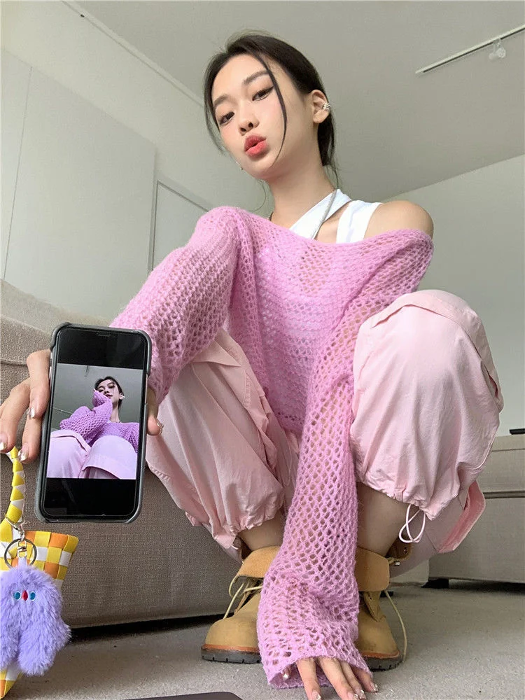 

Deeptown Y2K Aesthetic Pink Cropped Sweater Women Harajuku Vintage Hollow Out Knitted Pullover Korean Fashion Loose Casual Tops