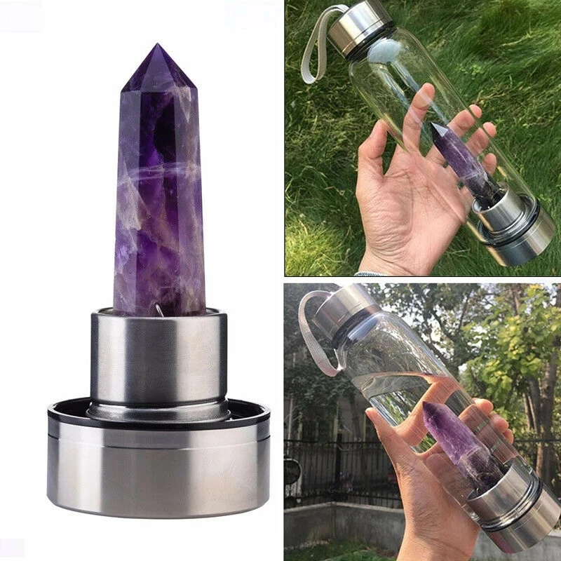 

Natural Quartz Gemstone Glass Water Bottle Direct Drinking Cup Glass Crystal Obelisk Wand Healing Wand Bottle with Rope 2021 new
