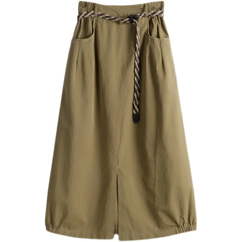 2022 New Solid Color Ladies Belt Large Pocket Front Split A-line Mid-length Skirt Autumn And Winter Women's Skirt enlarge