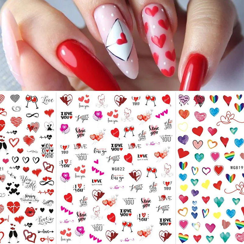 1PC 3D Nail Stickers Heart Love Self-Adhesive Slider Letters Nail Art Decorations Valentine's Day Decals Manicure Accessories