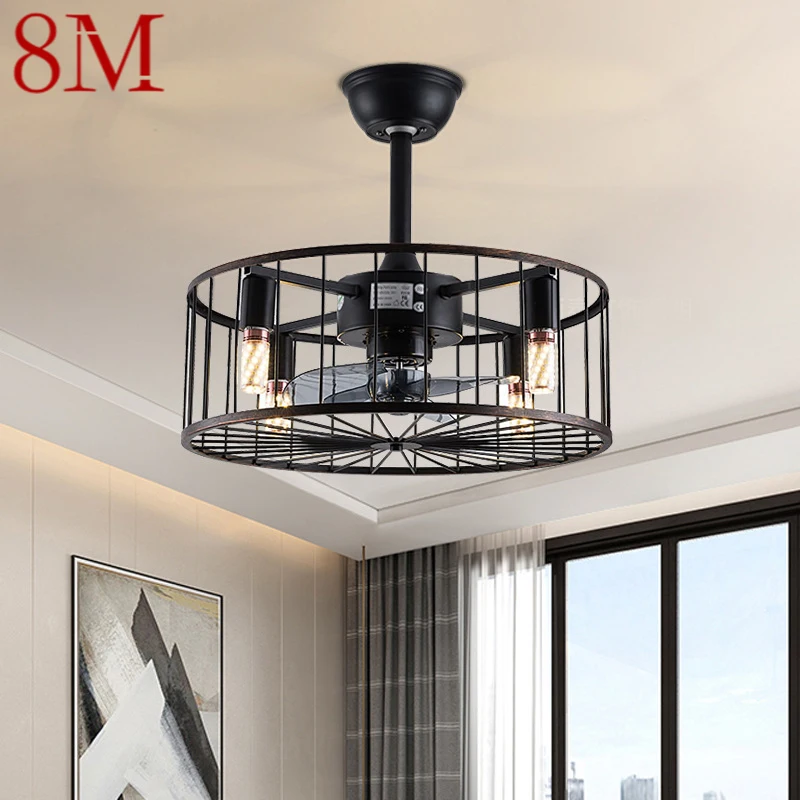 

8M American Ceiling Fans Lights Black LED Lamp With Remote Control for Home Bedroom Dining Room Loft Retro