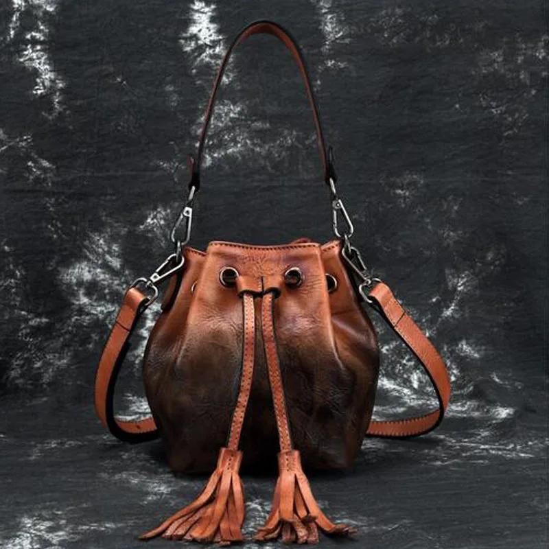 

Vintage Genuine Leather Handbag for Ladies Crossbody Tote Bag Women Oil Wax Cowhide luxury Tassel Shoulder Messenger Bags New
