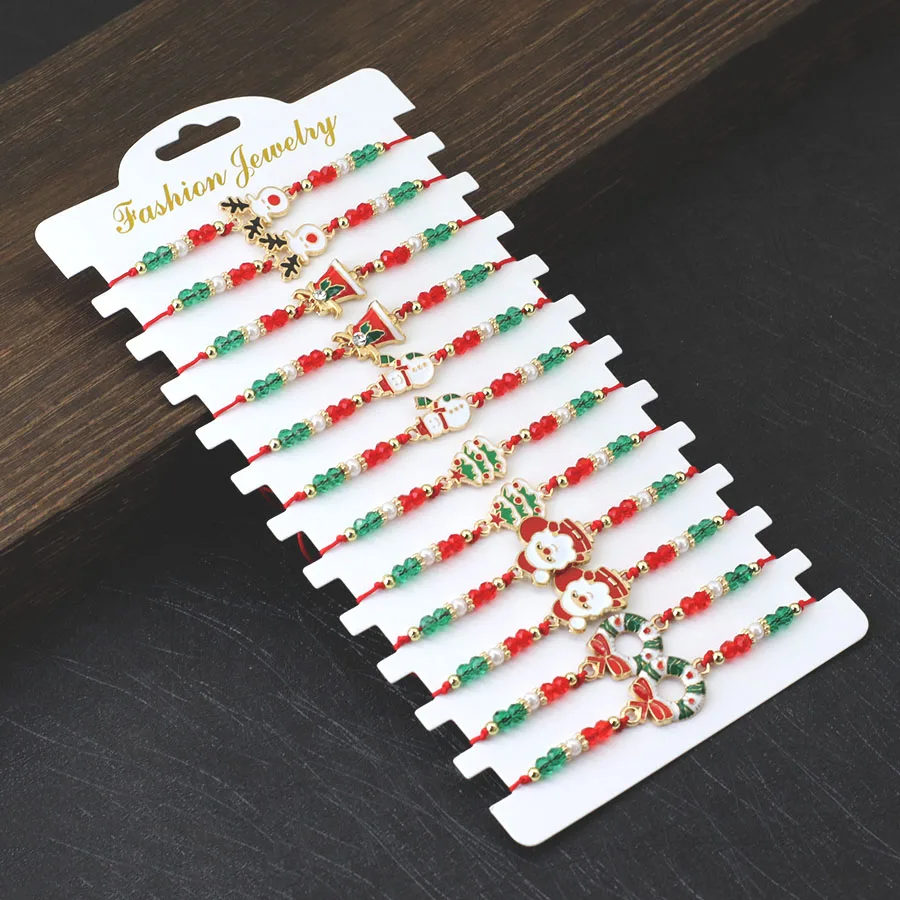 New Fashion 12Pcs/Set Christmas Bracelet Unisex Handmade Weaven String Braslet Adjustable Santa Claus Symbol Braclet Joias