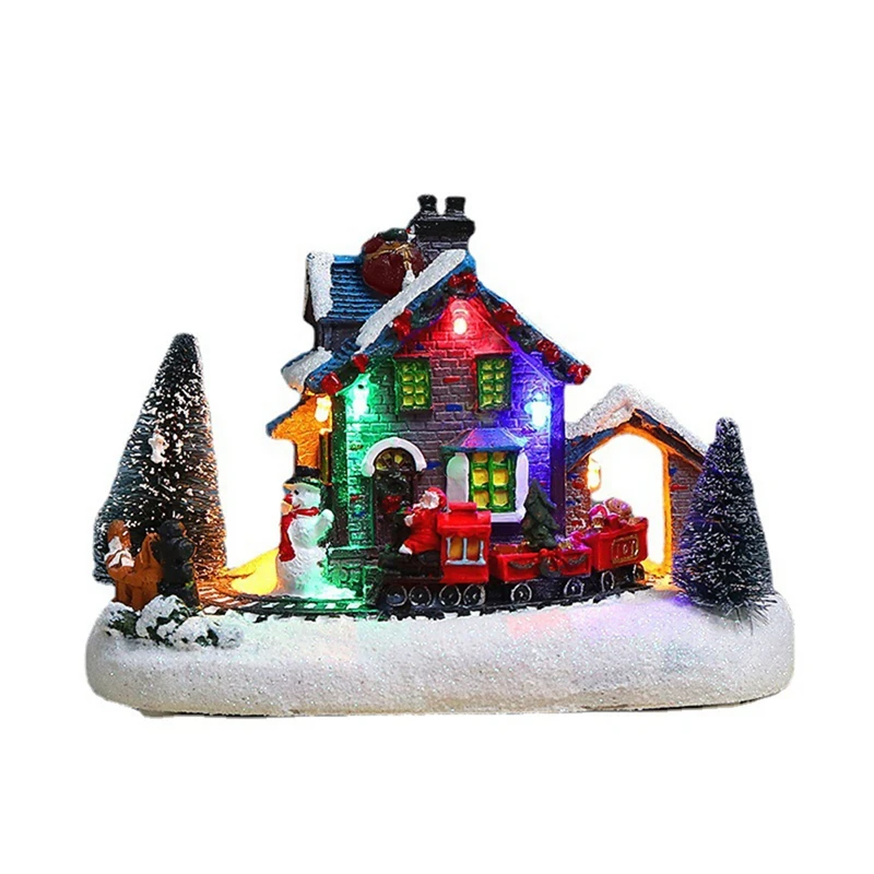 

Фигурки рождественской деревни, светодиодные огни, маленький поезд, Рождественская деревня, дом, светящийся пейзаж, полимерный Настольный Декор