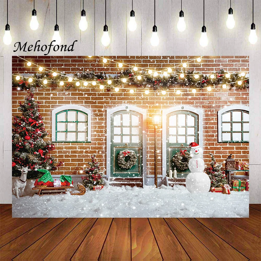 

Mehofond Photography Background Christmas Brick Wall Winter Xmas Trees Gifts Snowflake Kids Portrait Decor Backdrop Photo Studio