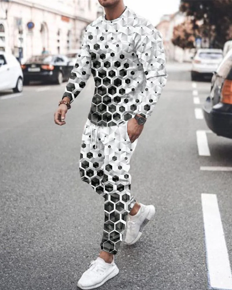 2023 Men's 2-piece 3D Explosive Debris Print Sportswear Long Sleeve T-shirt Casual Street wear Oversized Sportswear Men's Suit