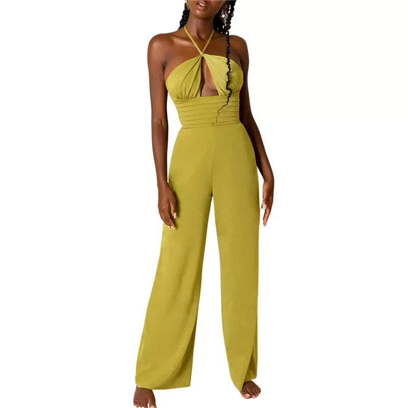 

Women’s Fashion Solid Color Halter Jumpsuit Sexy Hollow Tie-up Backless Loose Jumpsuit Summer Casual Sleeveless Romper