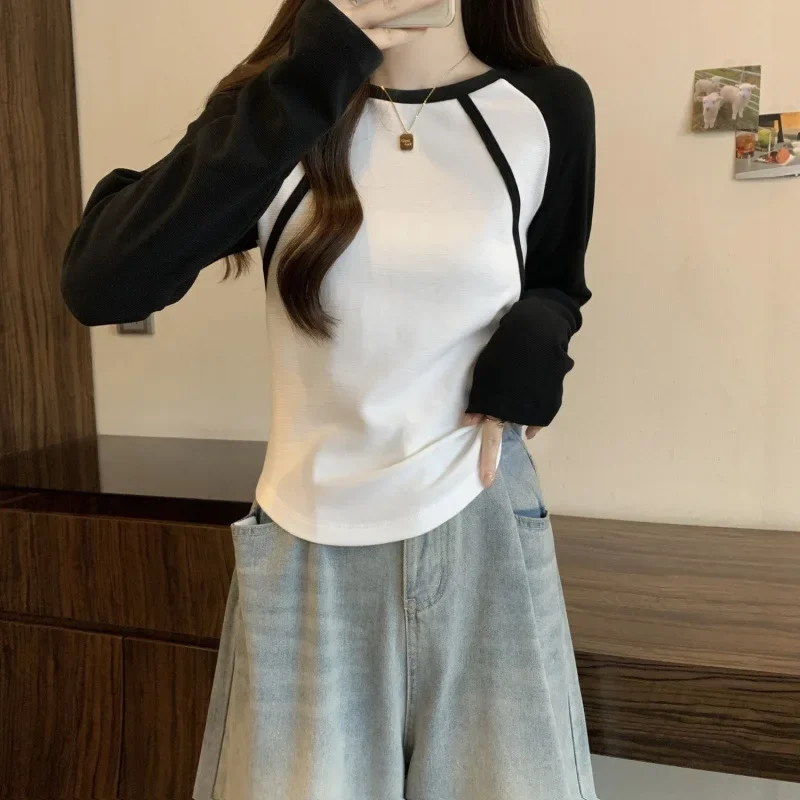 Футболки с длинными рукавами цветными блоками женские повседневные нишевые