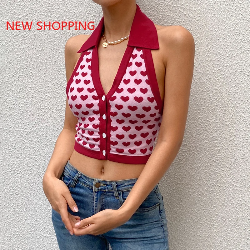 

Y2K Top Knitted Sweater Vest Sexy Club Red Heart Print Cute Tank Women Backless Deep V Neck Halter Tops Harajuku 2021 Summer New