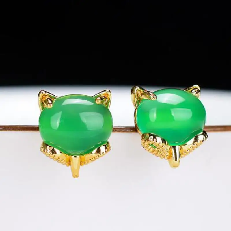 

Natural Green Jade Fox Earrings For Women Fine Jewelry Accessories Genuine Chrysoprase Fox Stud Earring For Girlfriend Mom Gifts
